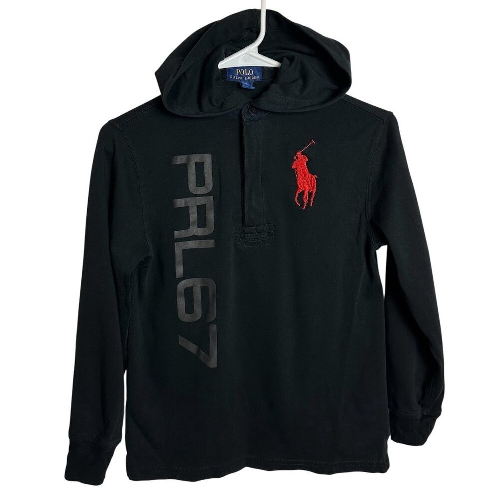 Polo Ralph Lauren 64 1/4 Zip Up Hoodie Sweater Jacket Teens Cotton Black M 10-12